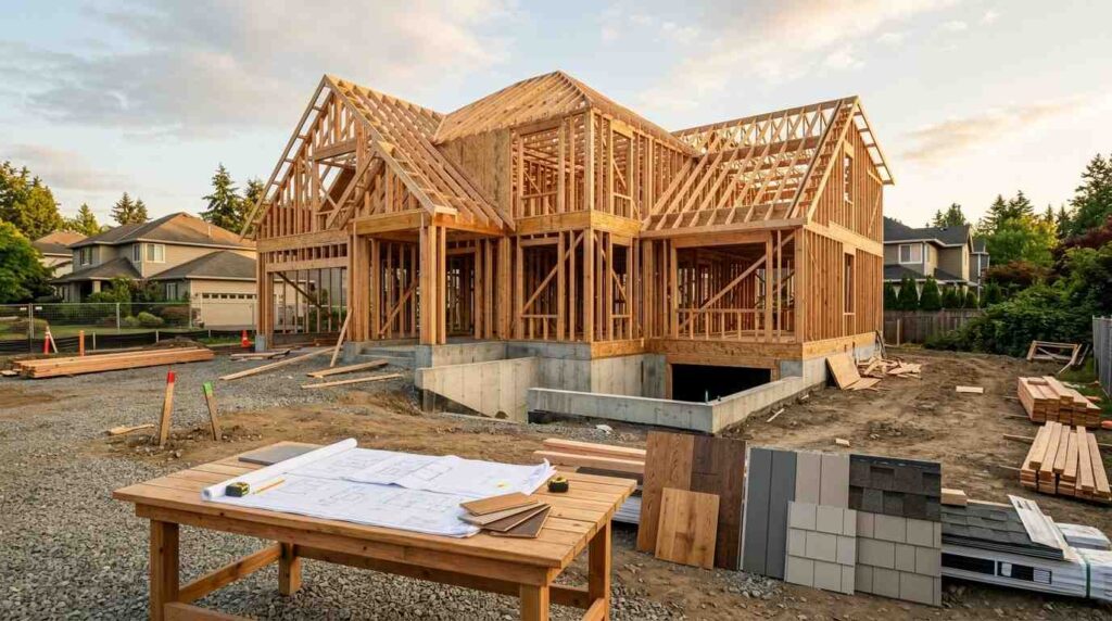 Custom home under construction with wood framing, blueprints, and exterior material samples displayed at the building site.