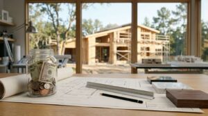 Savings jar, house plans, and material samples on a desk with a home under construction visible through large windows.