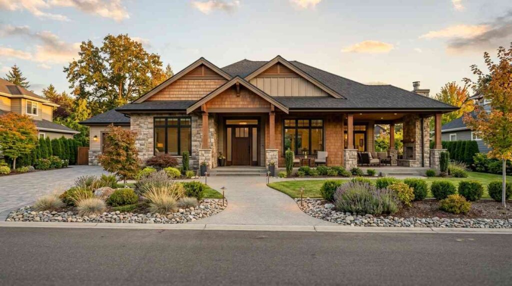 Luxury single-story craftsman-style home with stone accents, covered porch, and professionally landscaped front yard.