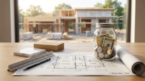 House plans, material samples, and a savings jar on a table with a home construction project in the background.