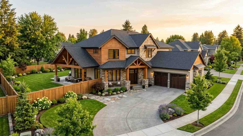 Large modern craftsman home with stone accents, three-car garage, fenced backyard, and manicured landscaping in a suburban neighborhood.