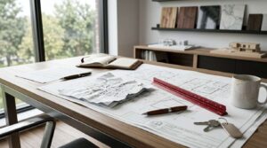 Blueprint revisions and project documents highlighting potential red flags when hiring a home builder.