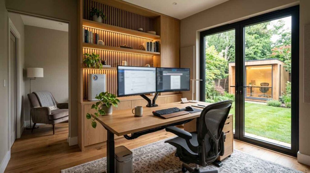 Modern home office with dual monitors, built-in wood shelving, ergonomic chair, and large glass doors overlooking a landscaped backyard.