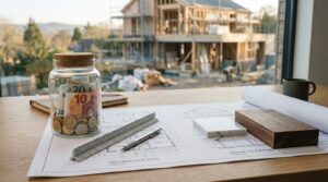Home construction financing and budgeting with savings jar, blueprints, and building project in progress.