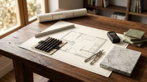 Bathroom floor plan drawing with drafting tools, material samples, and measurement equipment arranged on a wooden design desk.