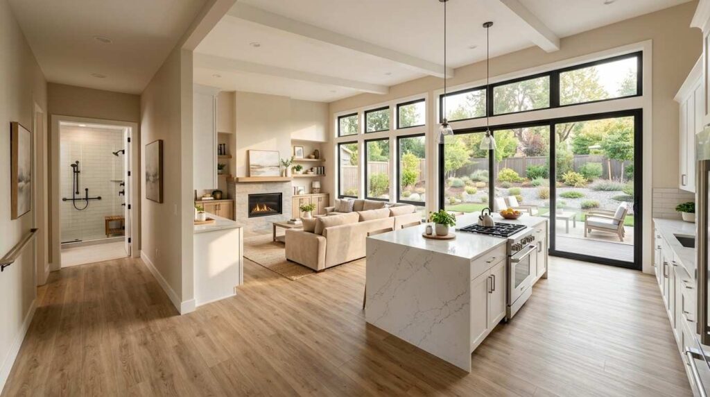Open-concept modern home interior with a bright kitchen, living area, large windows, and backyard patio view.