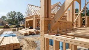 A residential home under construction with exposed wooden framing fills the foreground. Lumber stacks, tools, and building materials are arranged around the site