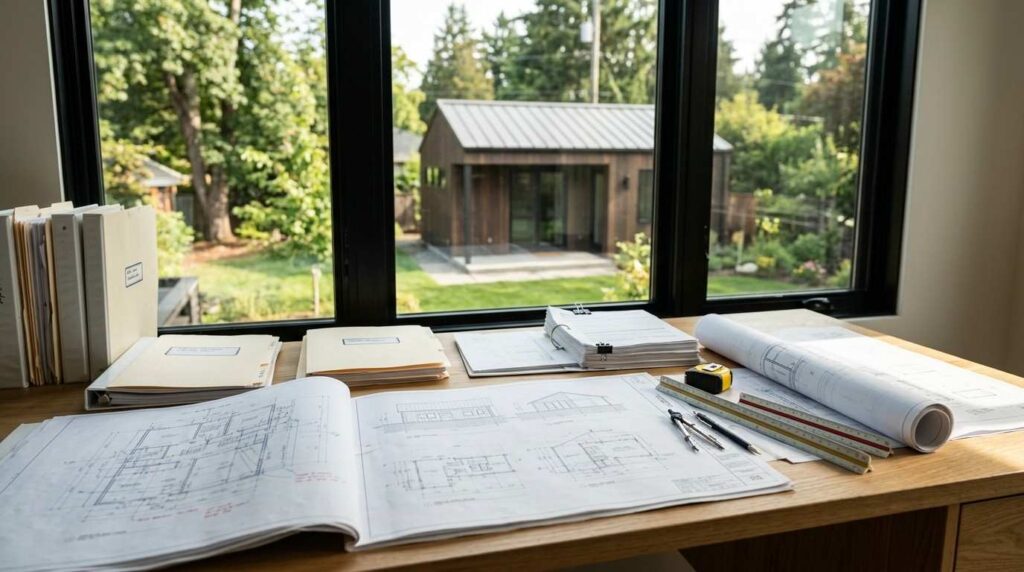 Architectural blueprints, plans, and measuring tools on a desk overlooking a completed backyard ADU through large windows.