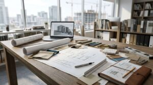 Architectural plans, material samples, and design tools on a workspace in a modern architect's office.