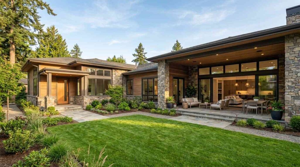 Modern single-story home with stone and wood exterior, covered patio, landscaped backyard, and large glass doors opening to the living area.