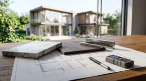 Architectural floor plans, material samples, and measuring tools on a desk overlooking a modern custom home.
