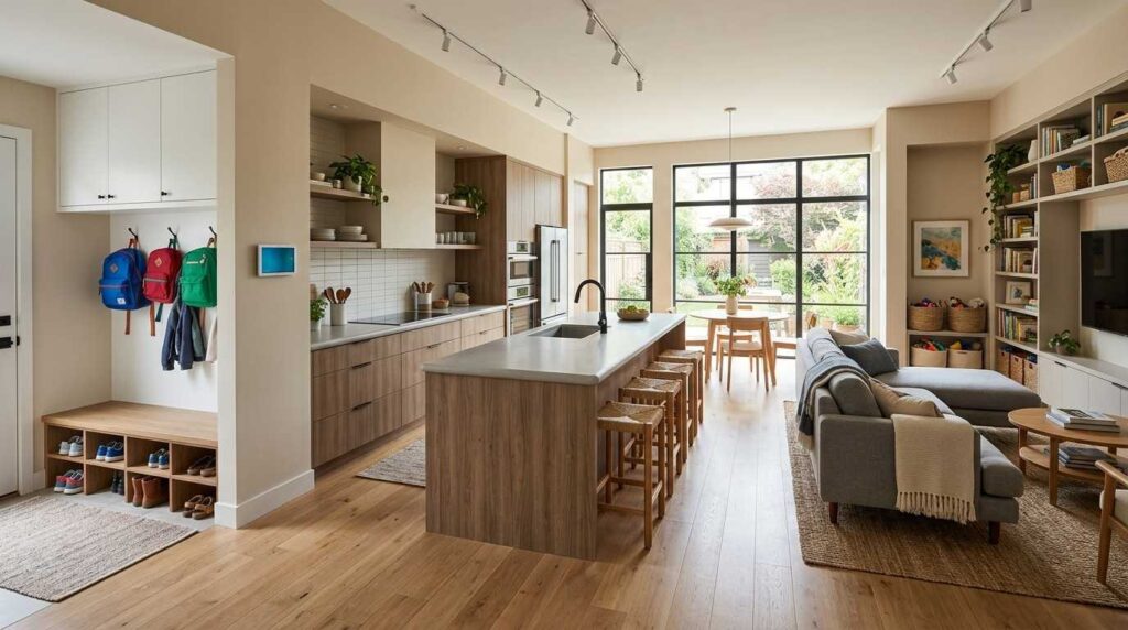 Modern family kitchen and living space with a large island, built-in storage, mudroom area, and floor-to-ceiling backyard windows.