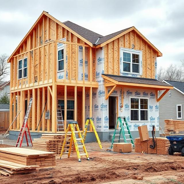 Partially completed suburban house under construction with exposed framing, plumbing, electrical wiring, HVAC ductwork, roofing components, and realistic job-site materials in natural daylight.