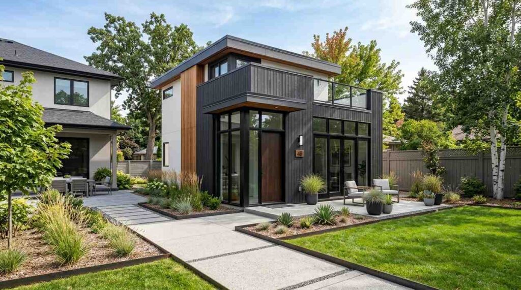 Modern detached ADU with black and wood exterior, large windows, balcony, landscaped yard, and patio seating area.