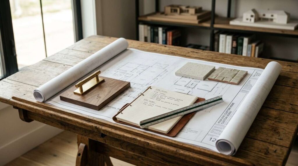 Architectural blueprints and construction planning materials on a design workspace table.