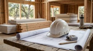 Construction project planning and risk management concept featuring a hard hat, architectural blueprints, measuring tools, and building materials inside a wood-framed home under construction, emphasizing homeowner protection, contractor oversight, and project safety.