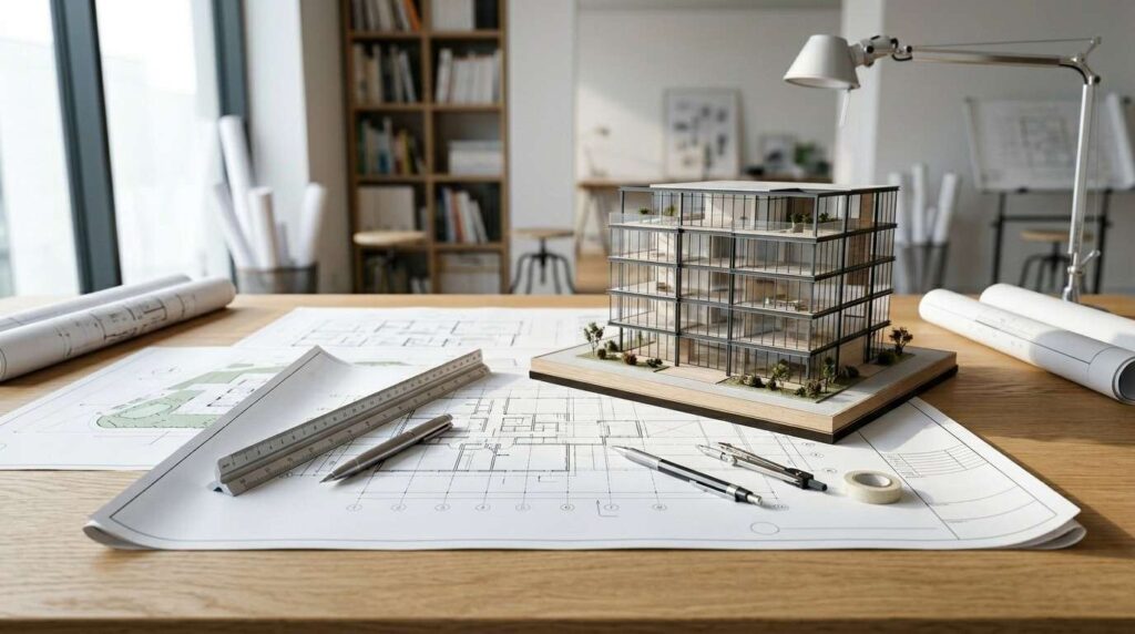Architectural model of a modern multi-story building displayed on blueprints with drafting tools in a professional design studio.