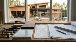 Home construction cost planning with blueprints, material samples, cabinet hardware, and a house under construction in the background.