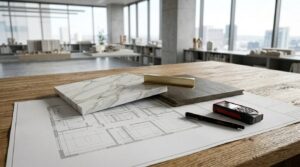 Architectural floor plan with material samples, hardware finishes, and measuring tools on a design studio worktable.