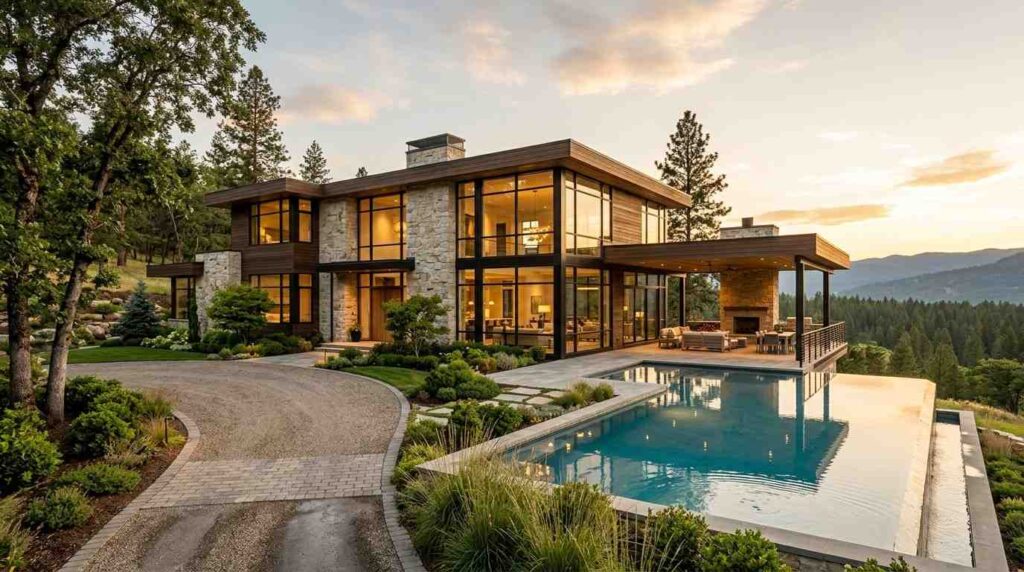 Luxury modern hillside home with floor-to-ceiling windows, infinity pool, landscaped grounds, and panoramic forest views at sunset.