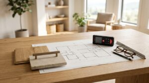 Floor plan, material samples, and measuring tools arranged on a home design workspace.