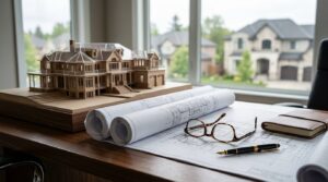 Architectural model, blueprints, and design tools displayed on a desk by a window.