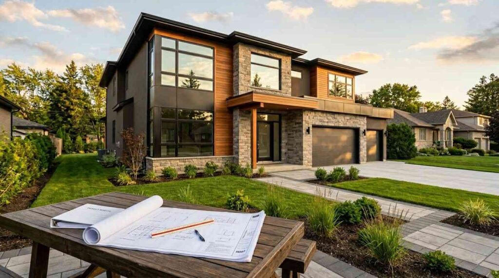 Modern two-story home with stone and wood accents, landscaped yard, three-car garage, and architectural plans displayed on a table in the foreground.