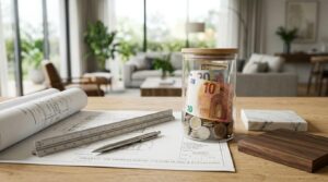 Blueprints, design samples, and a savings jar on a desk for home renovation planning.