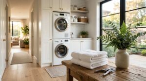 Laundry room with stacked washer and dryer, folded towels, and a vase of greenery on a wooden table.