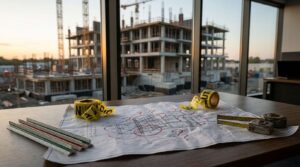 Pre-construction planning challenges with marked-up blueprints and active commercial building project in the background.