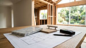 Home renovation plans with material samples and measuring tools on a table inside a house under construction.