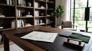 Home office remodeling materials and floor plan on a wooden desk.