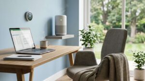 Modern home office with laptop, smart thermostat, and air purifier, representing indoor comfort and HVAC air quality control.