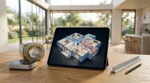 Tablet displaying a home's HVAC system design beside smart thermostat controls and planning tools.