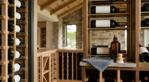 Wine cellar organization and home maintenance setup in a custom luxury storage space.