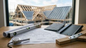 Roof construction plans, roofing materials, and measuring tools displayed in front of a house under construction.