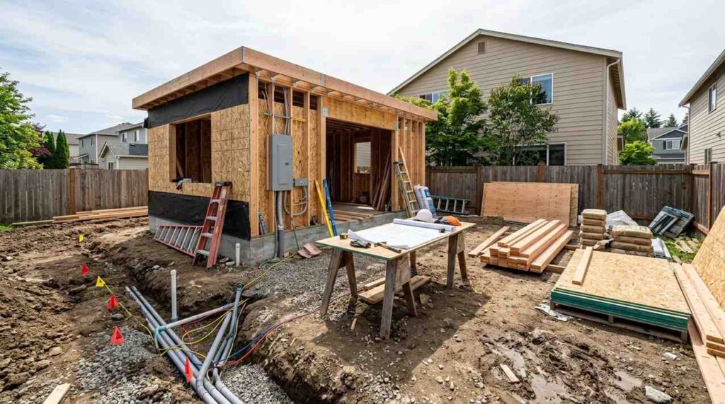 Backyard ADU under construction with exposed wood framing, utility trenches, building materials, and construction plans on a work table.