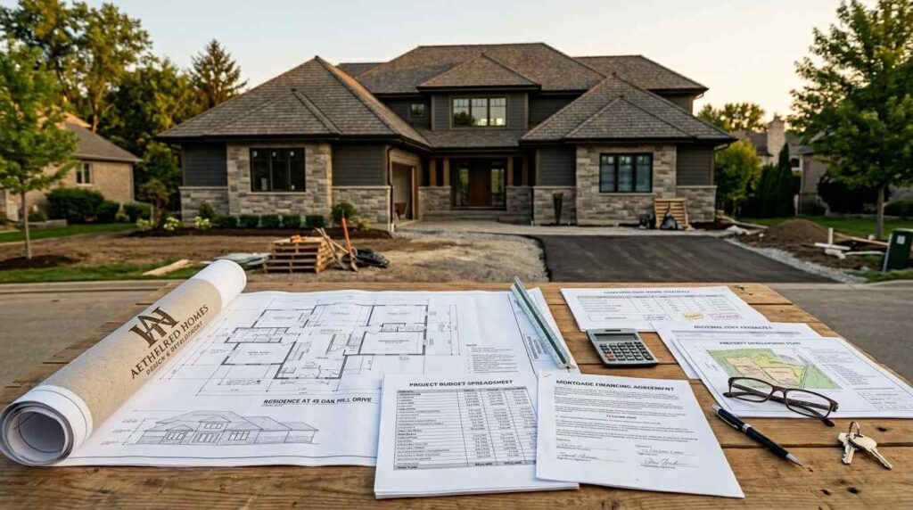 Home construction plans, financing documents, and budget estimates displayed in front of a newly built custom home.