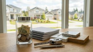 Savings jar, measuring tape, and material samples on a table overlooking a suburban neighborhood.