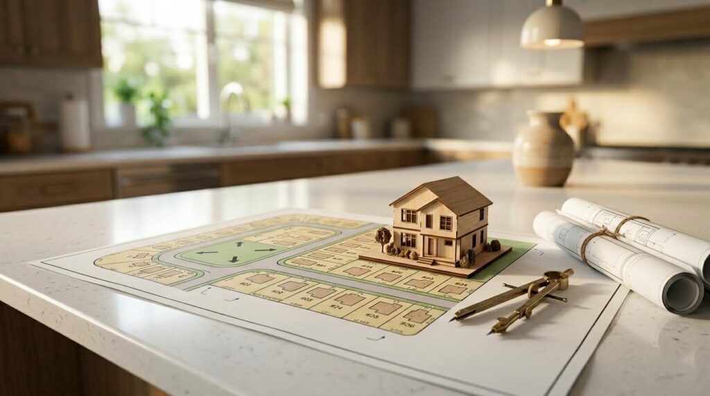 House model on a residential site plan with rolled blueprints and drafting tools displayed on a modern kitchen countertop.