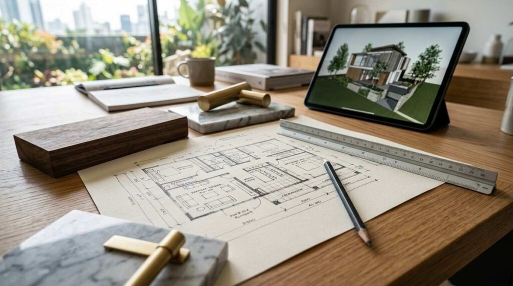 Home design workspace with floor plans, material samples, ruler, and digital house rendering on a tablet.