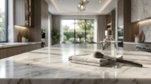 Cleaning supplies on a marble kitchen island in a modern home.