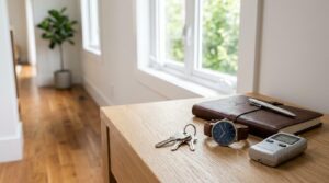 Home maintenance essentials including keys, a journal, and a moisture meter on a hallway table.