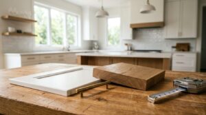 Kitchen cabinet door sample, wood finish, and hardware displayed on a countertop during a kitchen remodel.