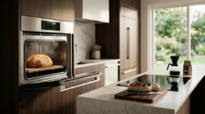 Modern kitchen appliance upgrade featuring a built-in wall oven in a contemporary custom kitchen.