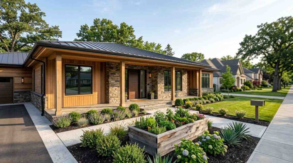 Modern single-story home with wood and stone exterior, covered front porch, raised garden bed, and landscaped suburban front yard.