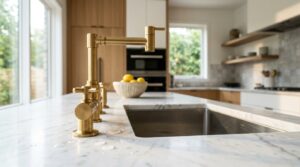 Modern brass kitchen faucet and sink set into a marble countertop in a contemporary kitchen.