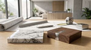 Marble and wood material samples, blueprints, and measuring tools arranged on a design workspace.