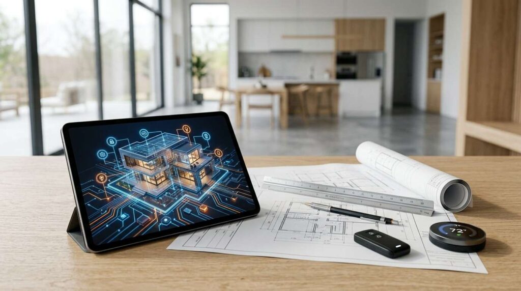 Smart home automation system with connected devices and modern open-plan living space.