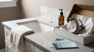 Budget-friendly bathroom upgrade with new faucet fixture, paint color samples, and vanity renovation materials.